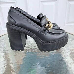 Black Chunky Heel Loafers with Gold Chain